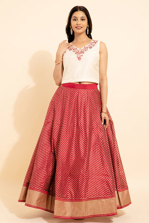 Floral Embroidered Neckline Top Stripe Printed Skirt Set Off White Red