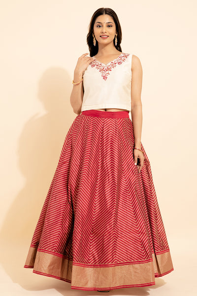 Floral Embroidered Neckline Top & Stripe Printed Skirt Set - Off White & Red