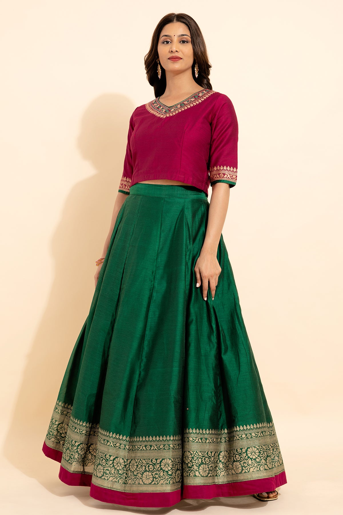 Jewel Embroidered Neckline Top With Floral Printed Skirt Set - Magenta & Green