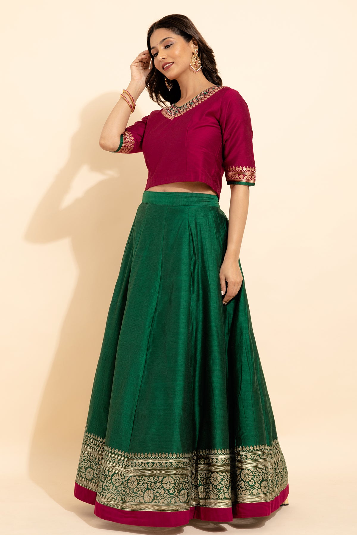 Jewel Embroidered Neckline Top With Floral Printed Skirt Set - Magenta & Green