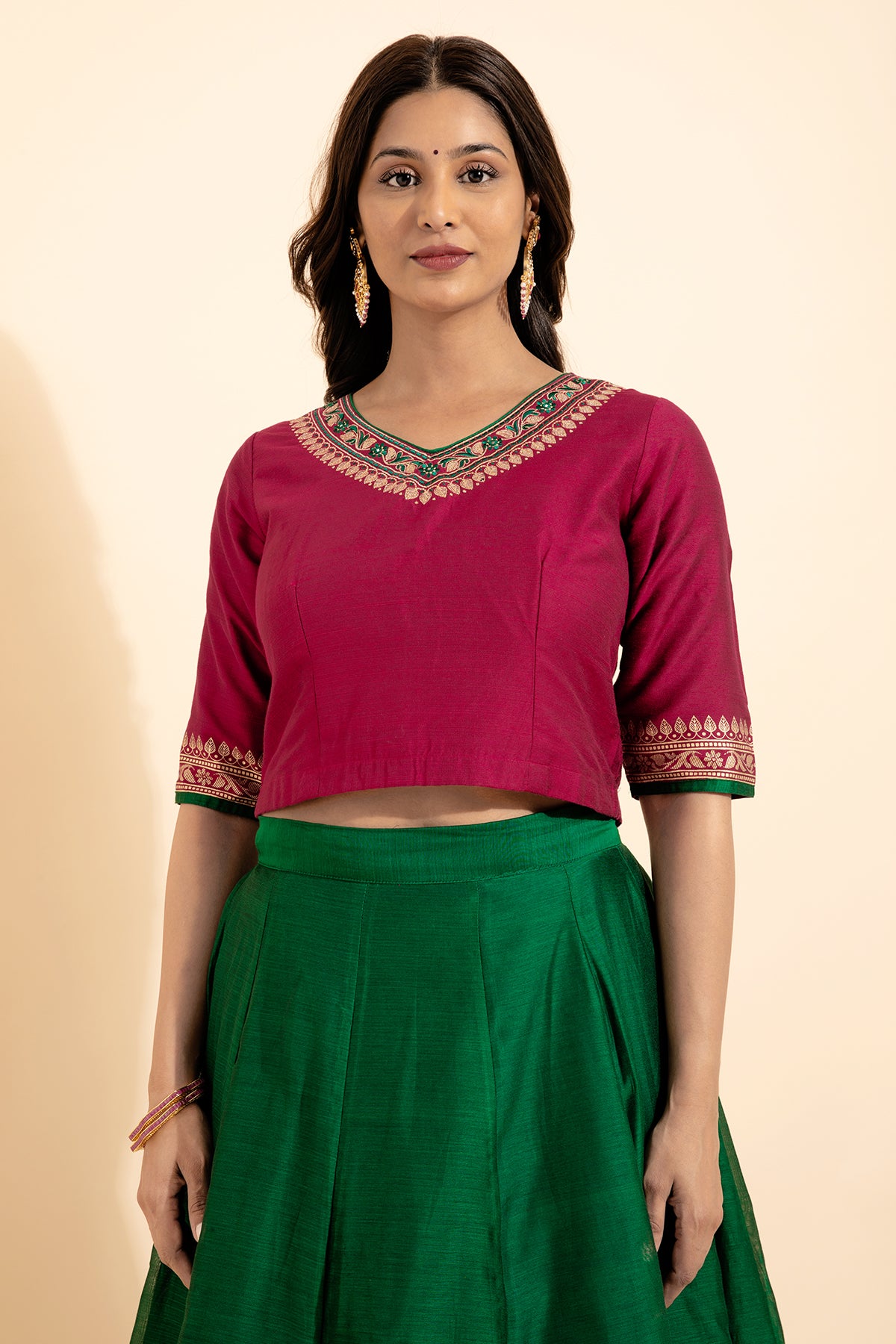 Jewel Embroidered Neckline Top With Floral Printed Skirt Set - Magenta & Green