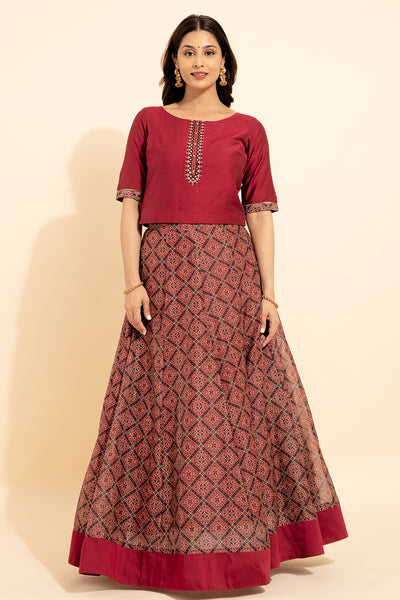 Geometric Embroidered With Foil Mirror Embellished Top & Ajrak Printed Skirt Set - Maroon