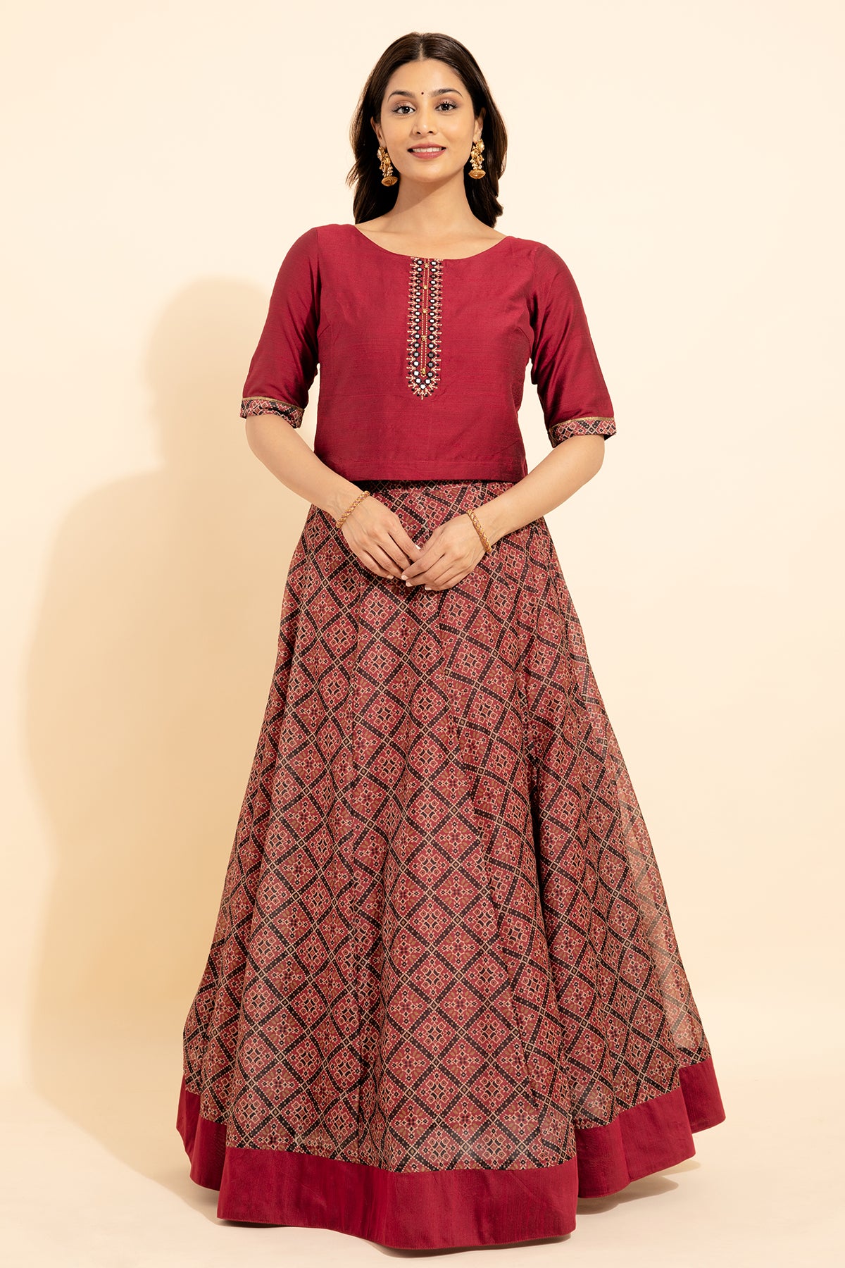 Geometric Embroidered With Foil Mirror Embellished Top Ajrak Printed Skirt Set Maroon