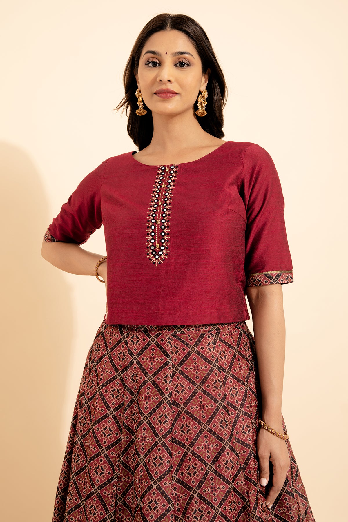 Geometric Embroidered With Foil Mirror Embellished Top Ajrak Printed Skirt Set Maroon