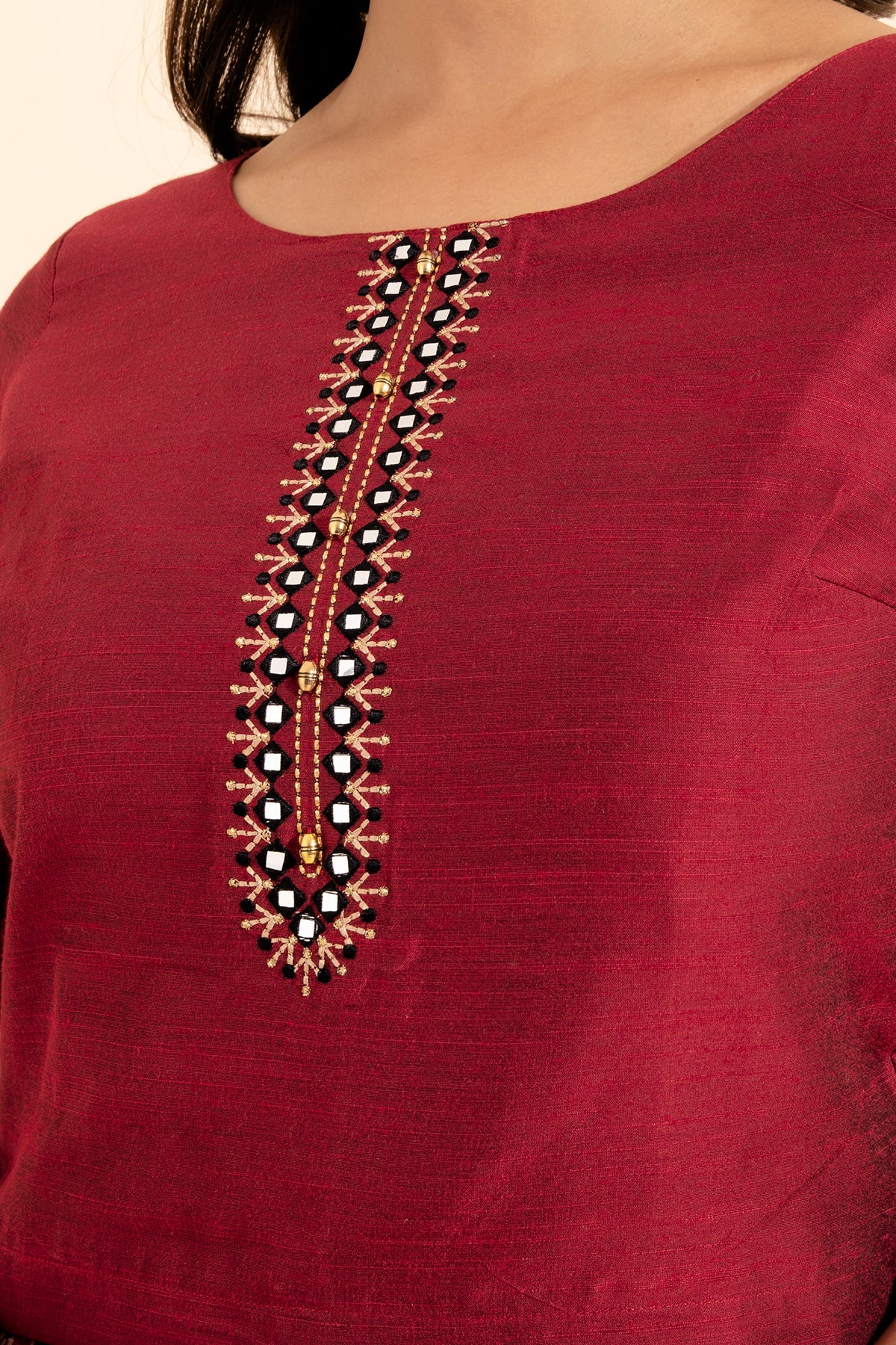 Geometric Embroidered With Foil Mirror Embellished Top Ajrak Printed Skirt Set Maroon