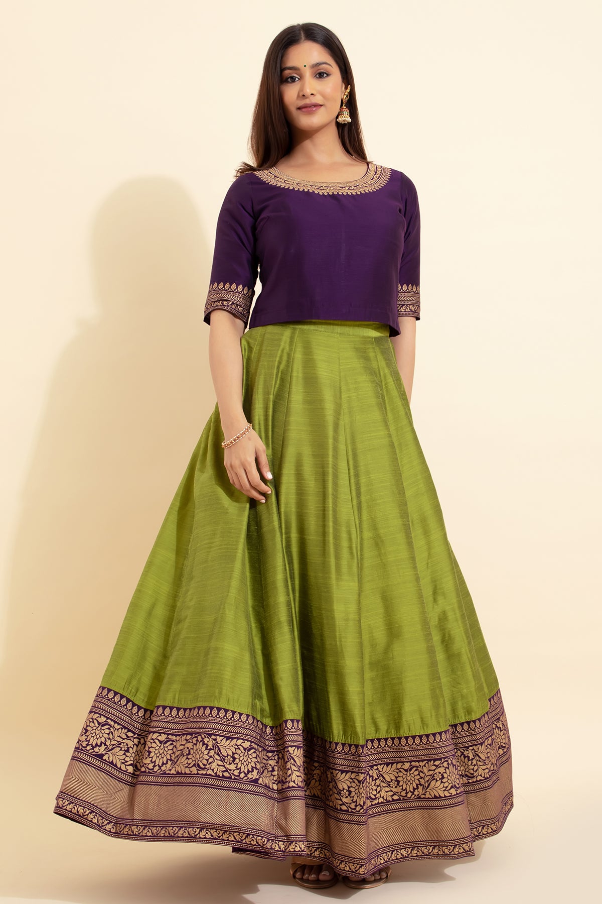 Floral Embroidered Skirt set with Printed Skirt set - Purple & Green