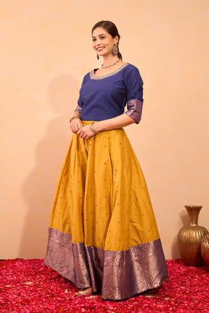 Floral Embroidered Skirt set with Zari Border - Blue & Mustard
