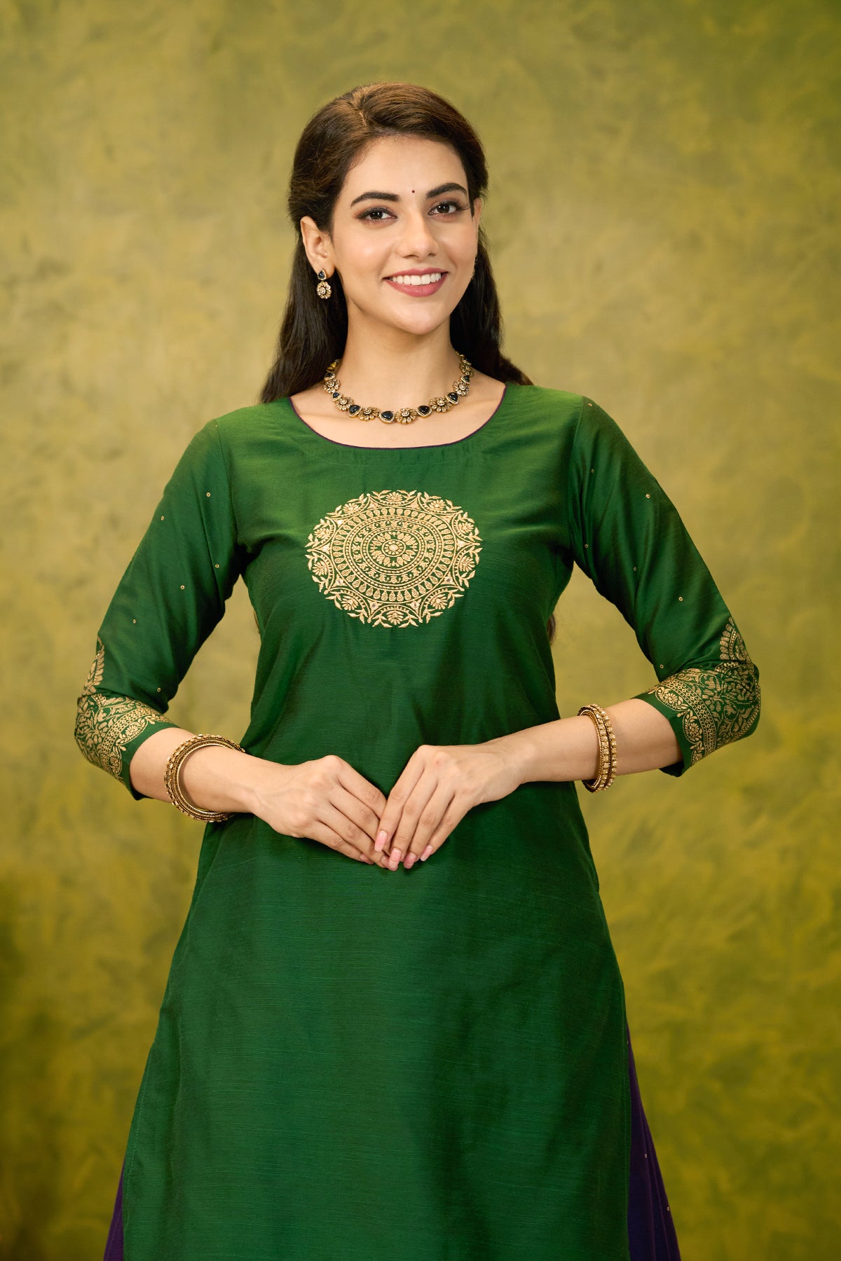 Floral Mandala Printed Kurta with Skirt - Green & Purple