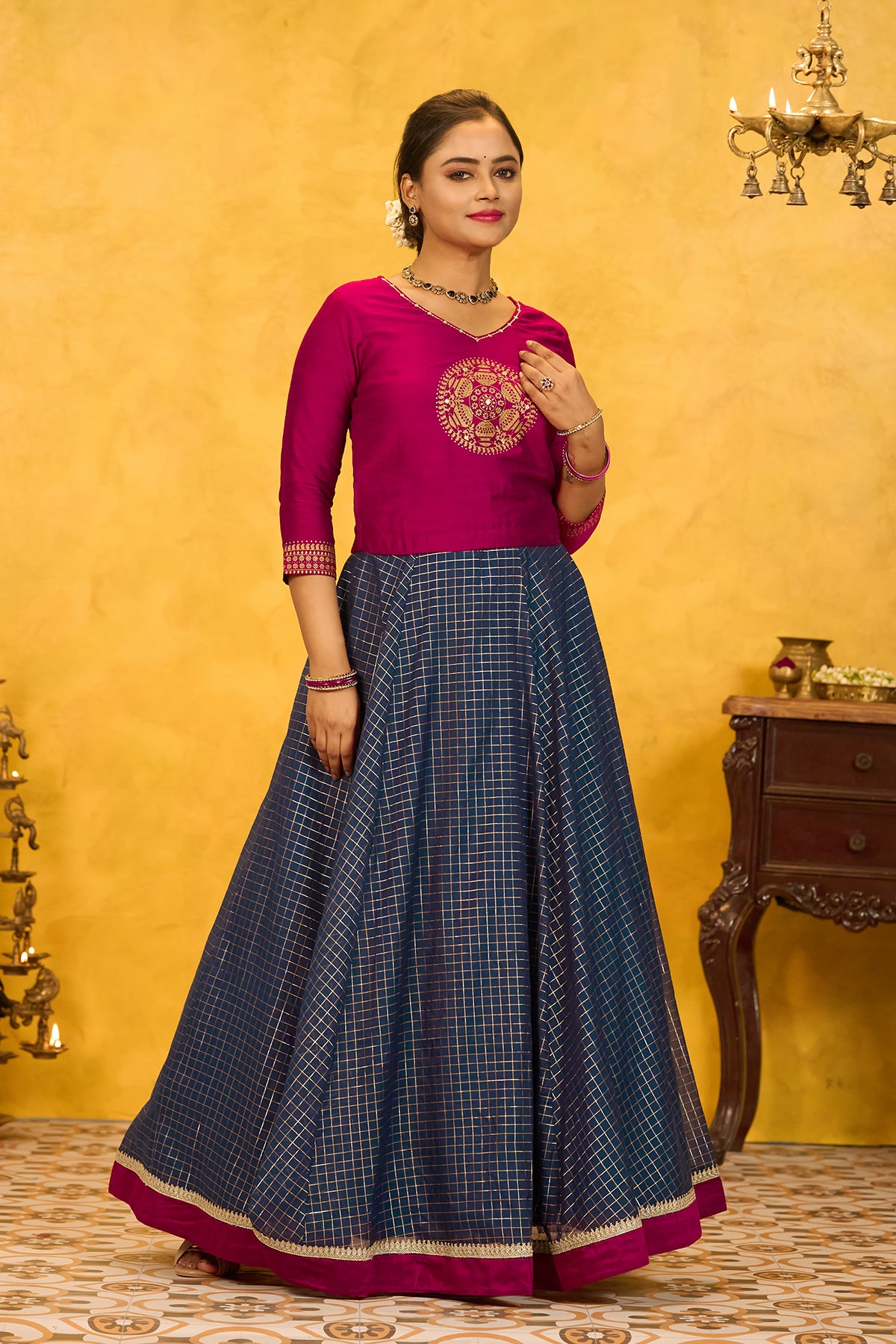 Pongal Printed Skirtset with Golden Checks Skirt - Magenta & Blue