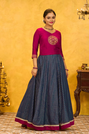 Pongal Printed Skirtset with Golden Checks Skirt - Magenta & Blue