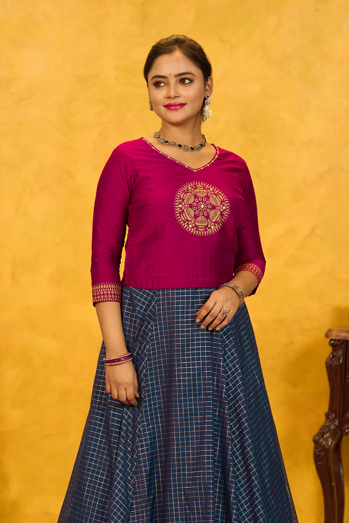 Pongal Printed Skirtset with Golden Checks Skirt - Magenta & Blue