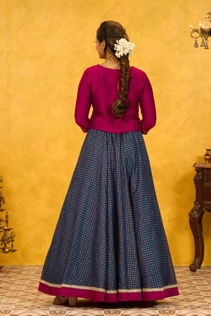 Pongal Printed Skirtset with Golden Checks Skirt - Magenta & Blue