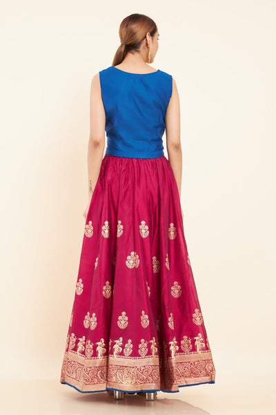 Floral Gold Foil Printed Crop Top & Figure Motifs Printed Skirt Set - Blue & Pink