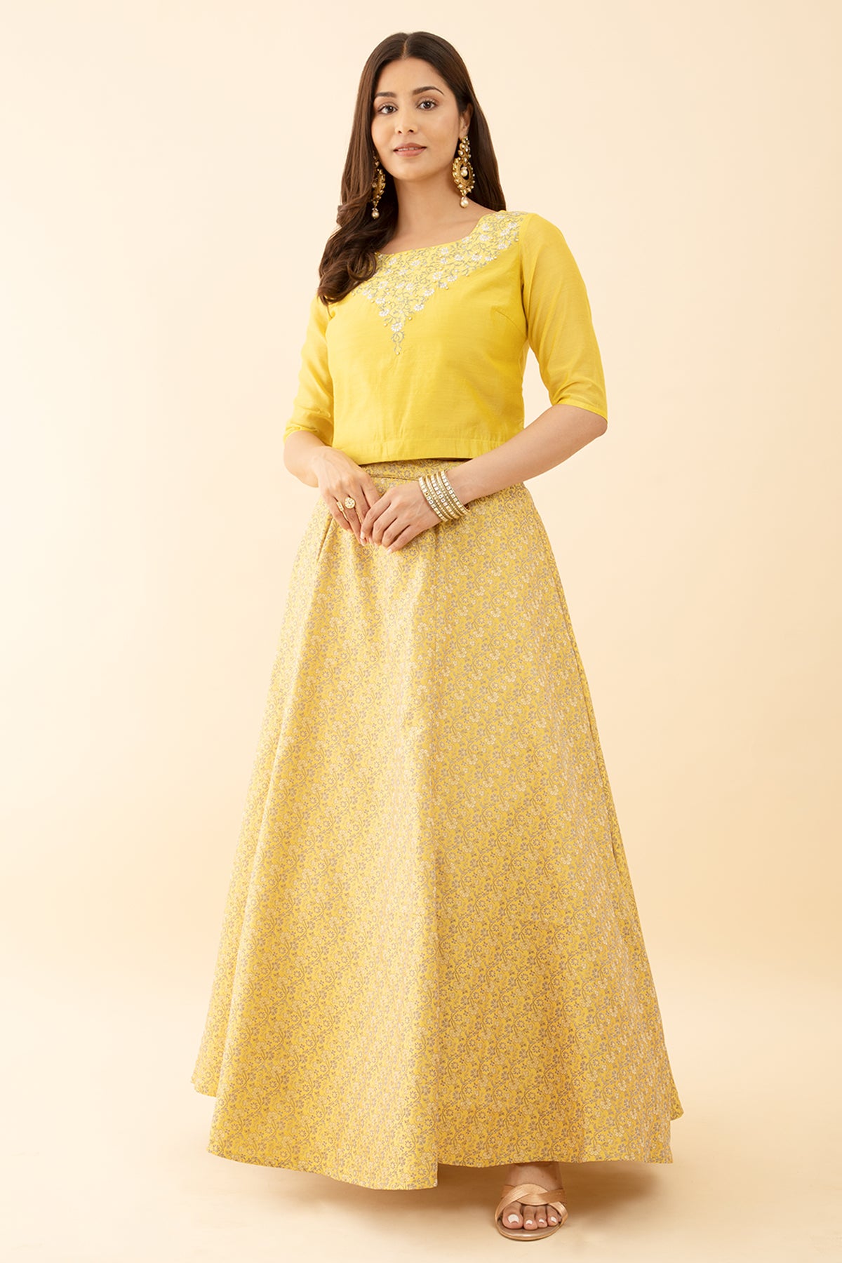 Yellow Color Embroidered Floral Skirt Set Effortless Style