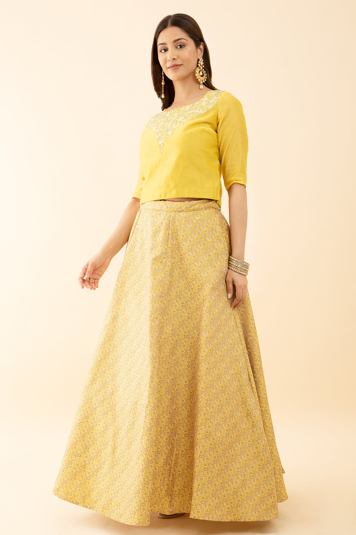 Yellow Color Embroidered Floral Skirt Set Effortless Style
