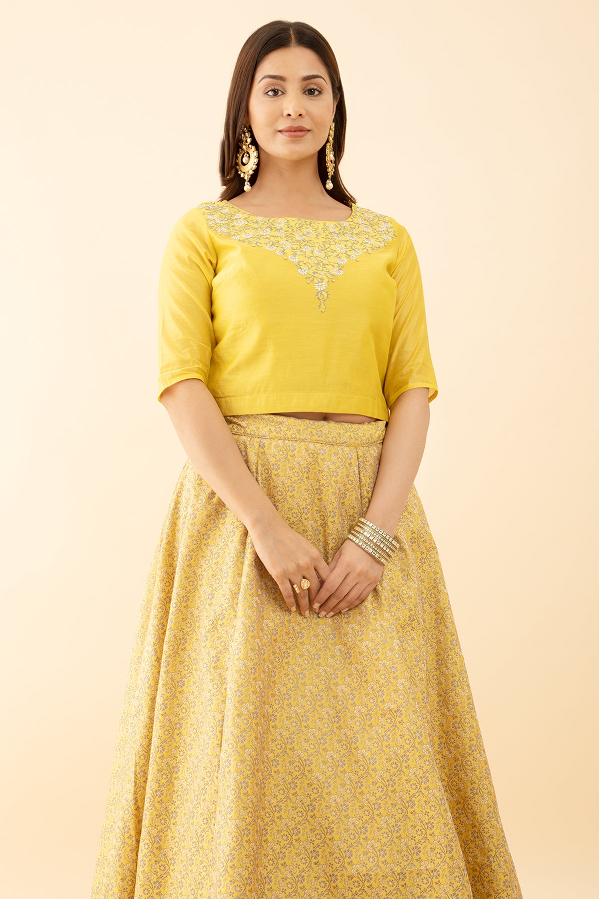 Yellow Color Embroidered Floral Skirt Set Effortless Style