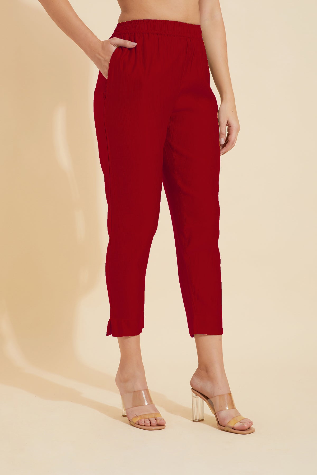 Solid Straight Pant With Floral Lace Hem - Red