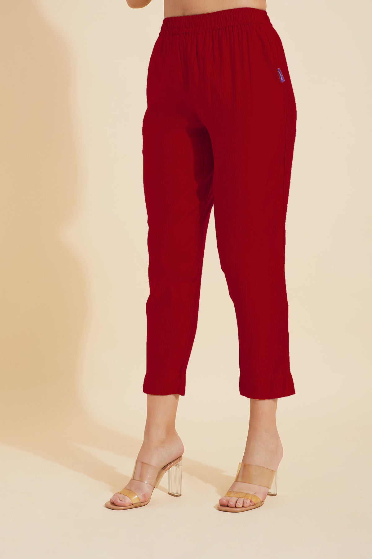 Solid Straight Pant With Floral Lace Hem - Red