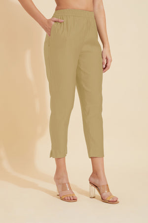 Solid Straight Pant with Floral Embroidered Hem - Beige