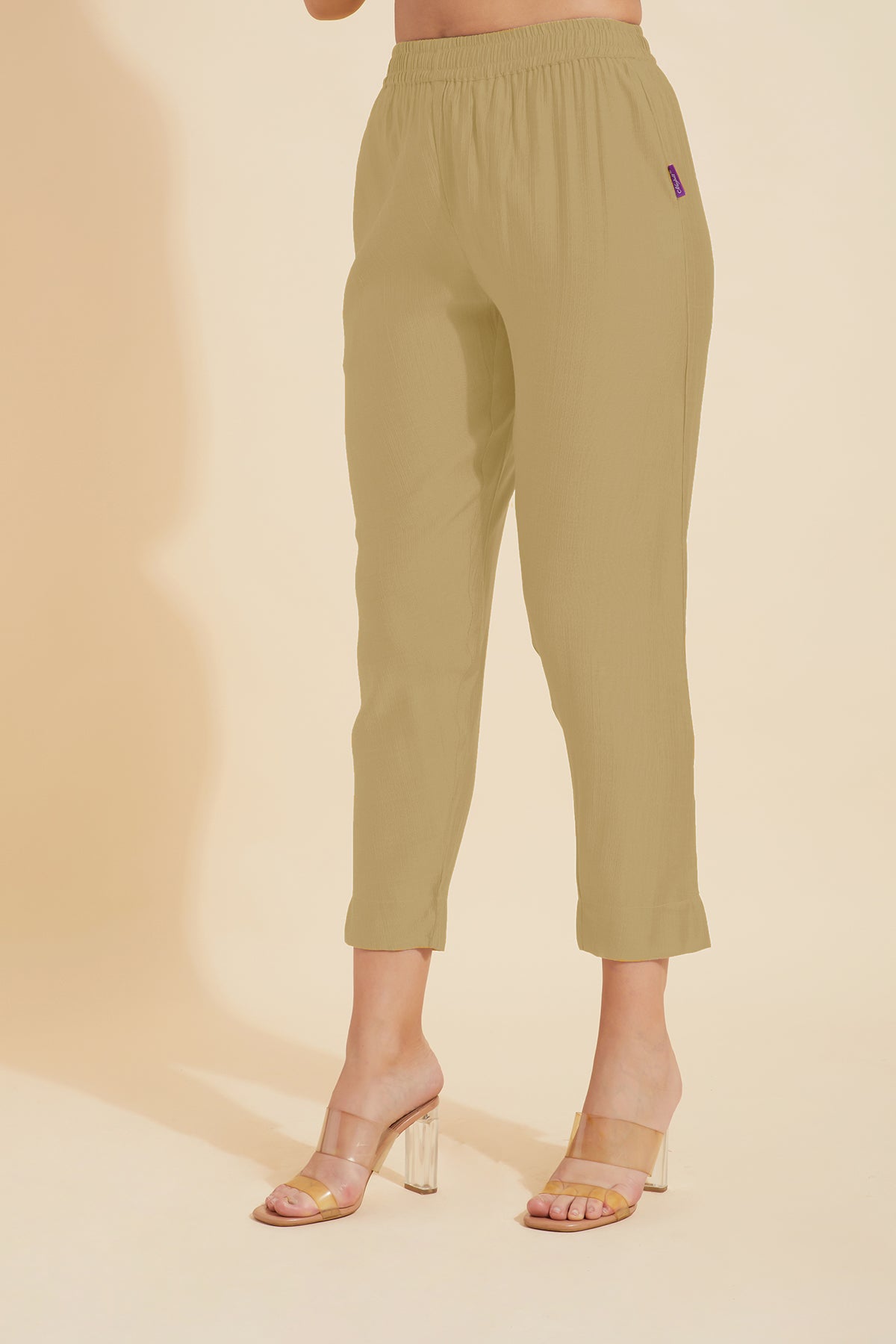 Solid Straight Pant with Floral Embroidered Hem - Beige