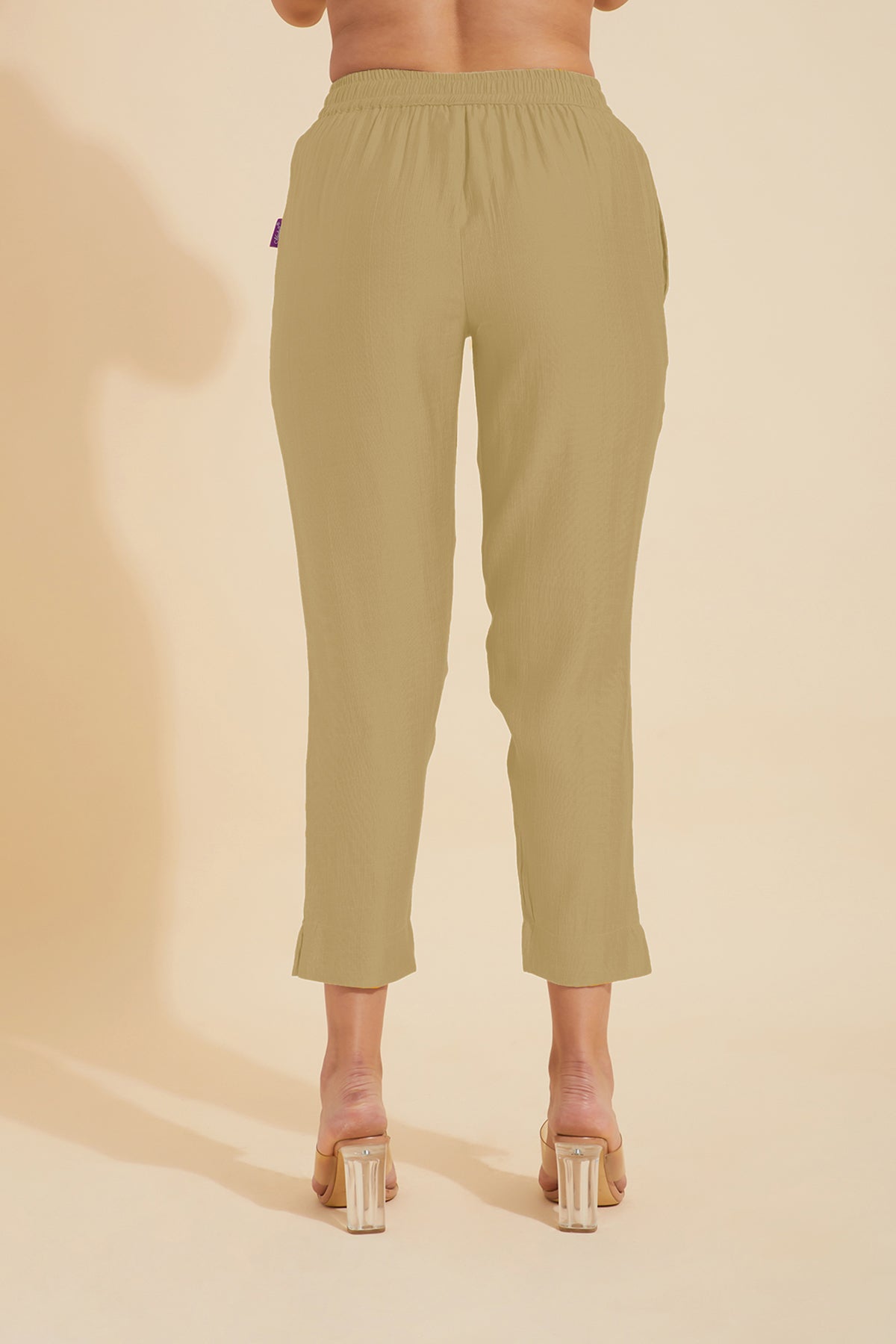 Solid Straight Pant with Floral Embroidered Hem - Beige