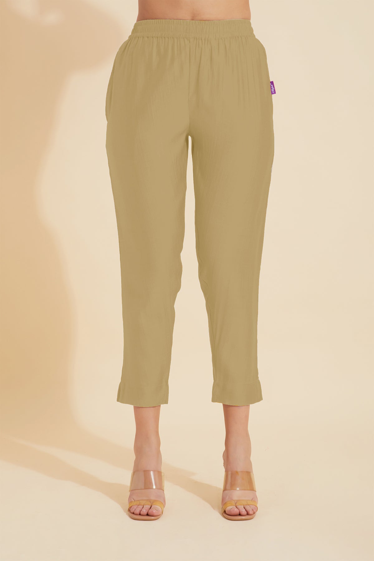 Solid Straight Pant with Floral Embroidered Hem - Beige