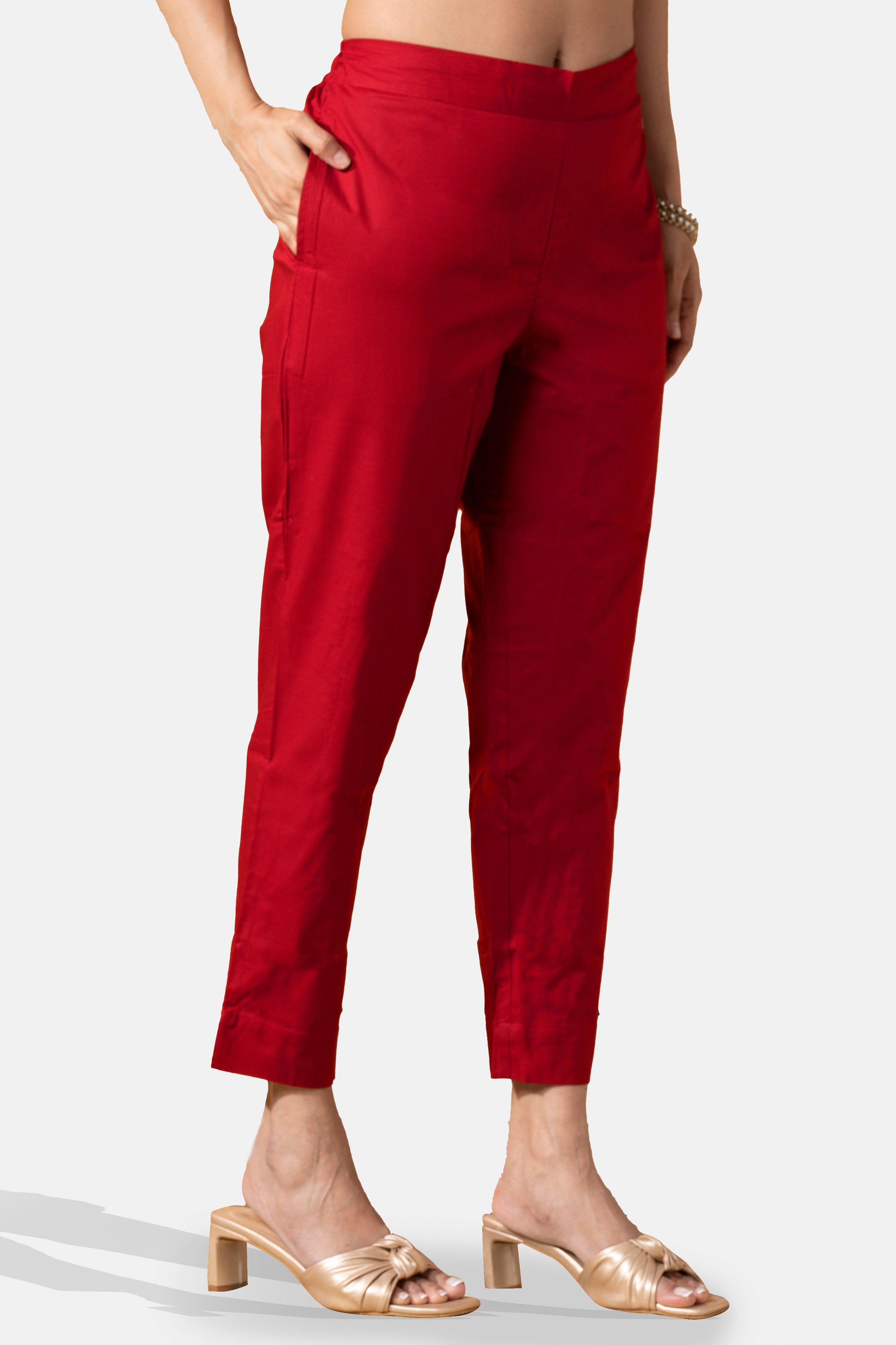 Red Solid Pure Cotton Bottomwear with Pockets