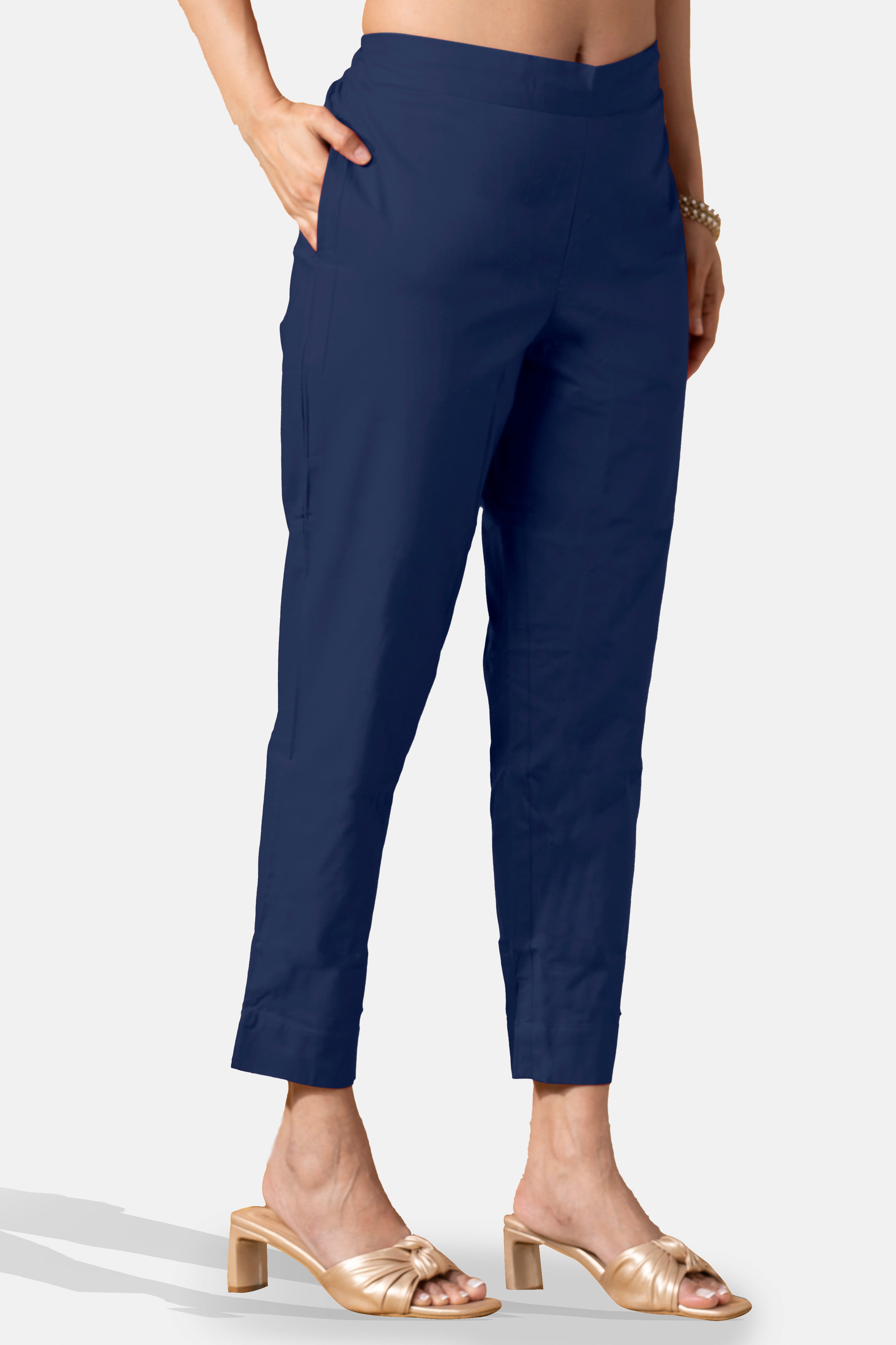 Dark Blue Solid Pure Cotton Bottomwear with Pockets