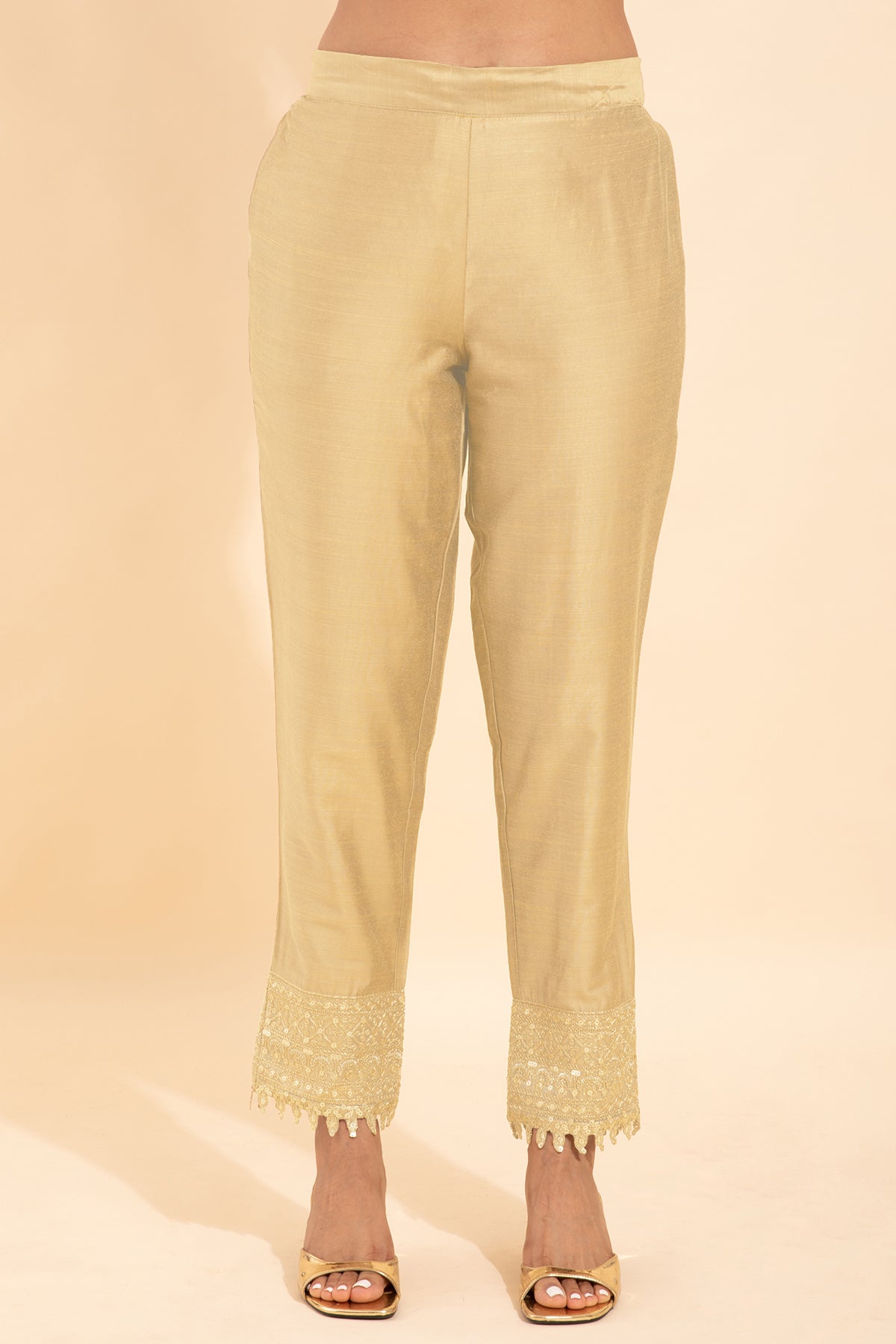 Solid Straight Pant With Sequin Embellished Hem - Beige