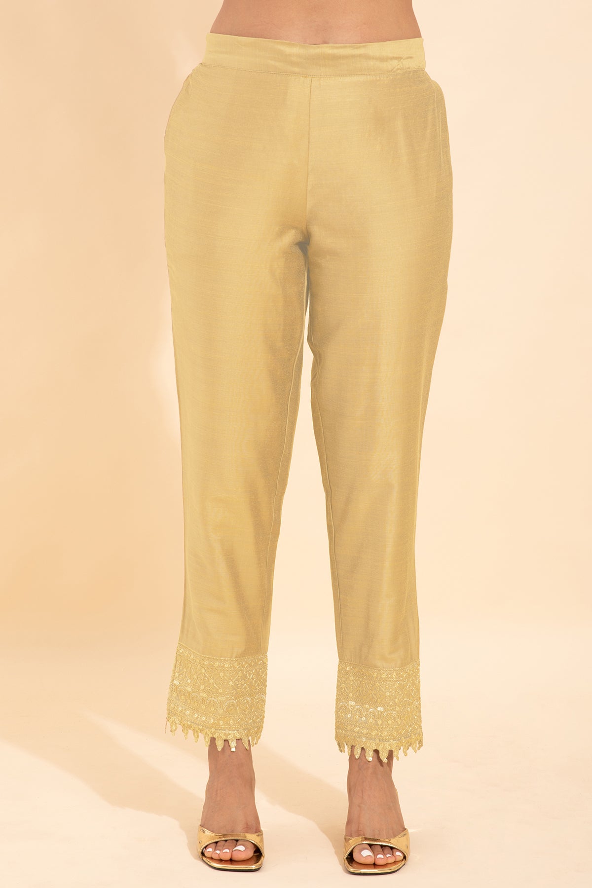 Solid Straight Pant With Sequin Embellished Hem - Light Beige