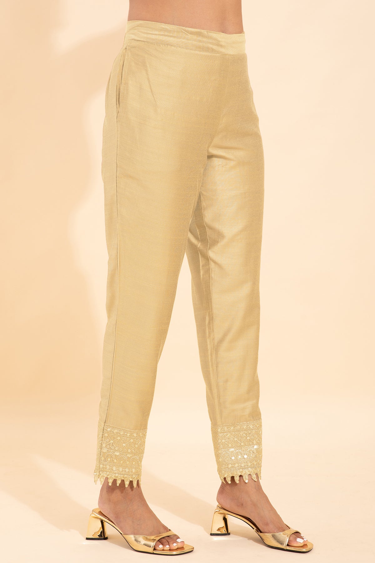 Solid Straight Pant With Sequin Embellished Hem - Beige