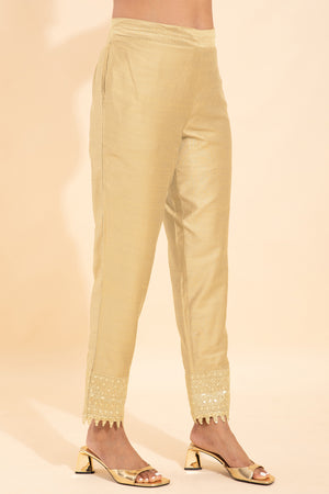 Solid Straight Pant With Sequin Embellished Hem - Beige