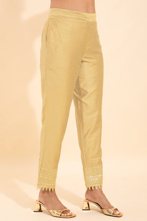 Solid Straight Pant With Sequin Embellished Hem - Light Beige