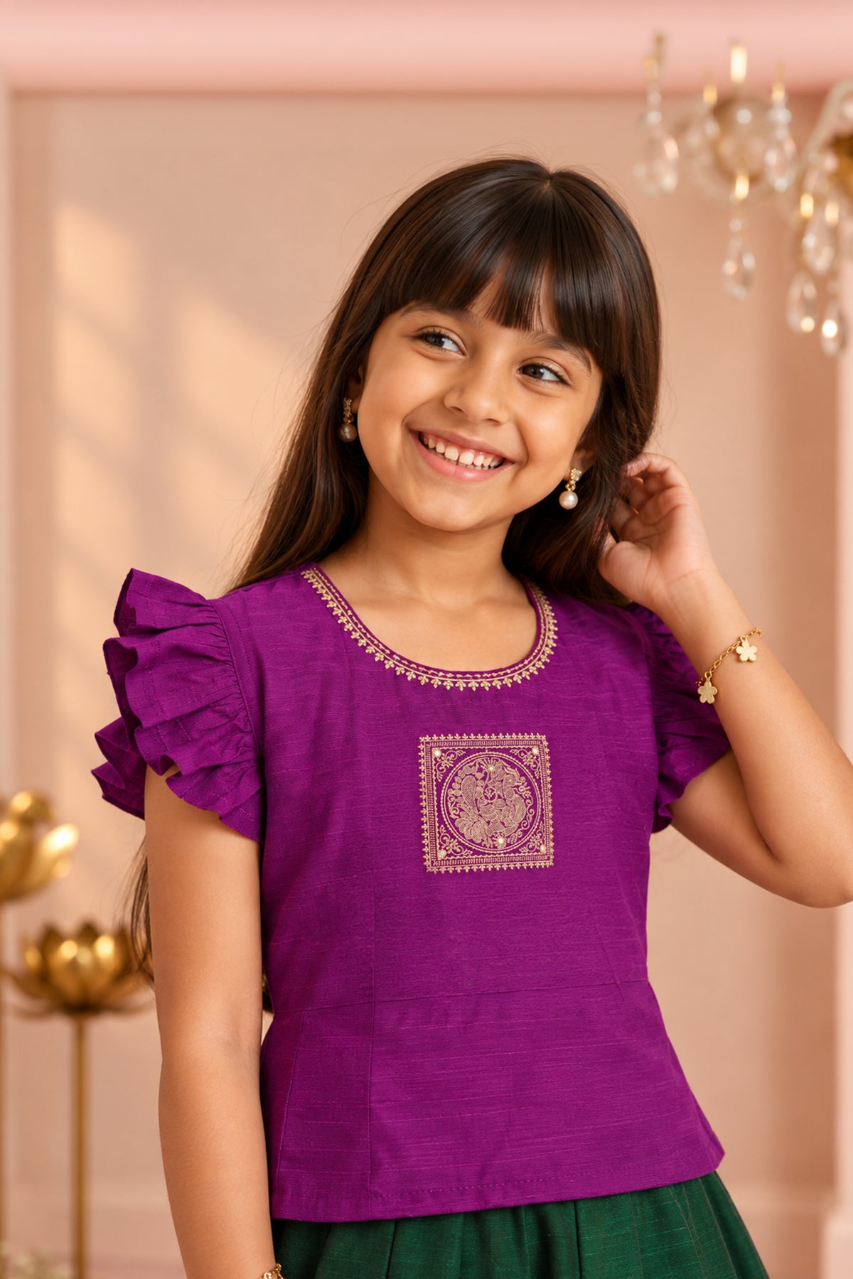 Purple Peacock Embroidered Panelled Kids Skirt Set