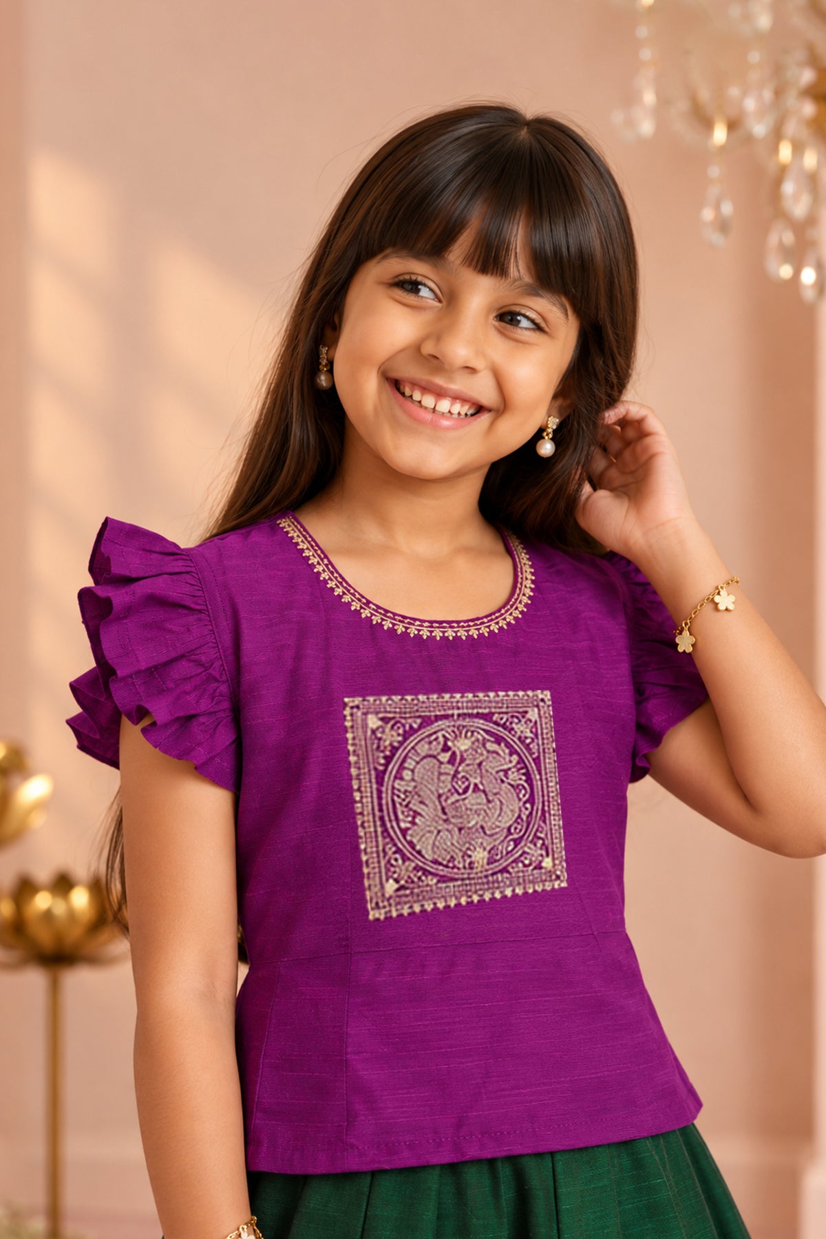 Purple Peacock Embroidered Panelled Kids Skirt Set