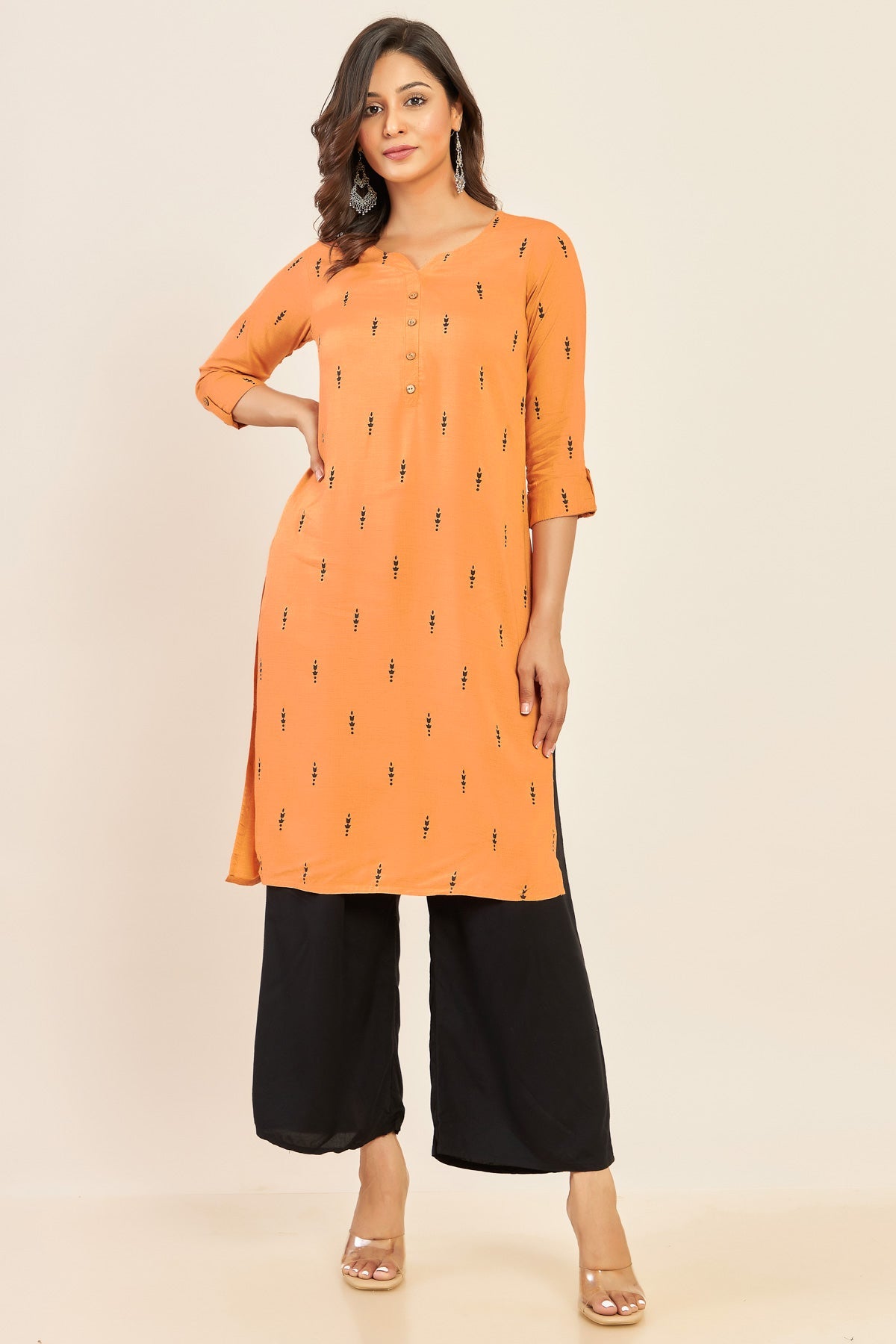 All Over Geometric Printed Kurta - Orange