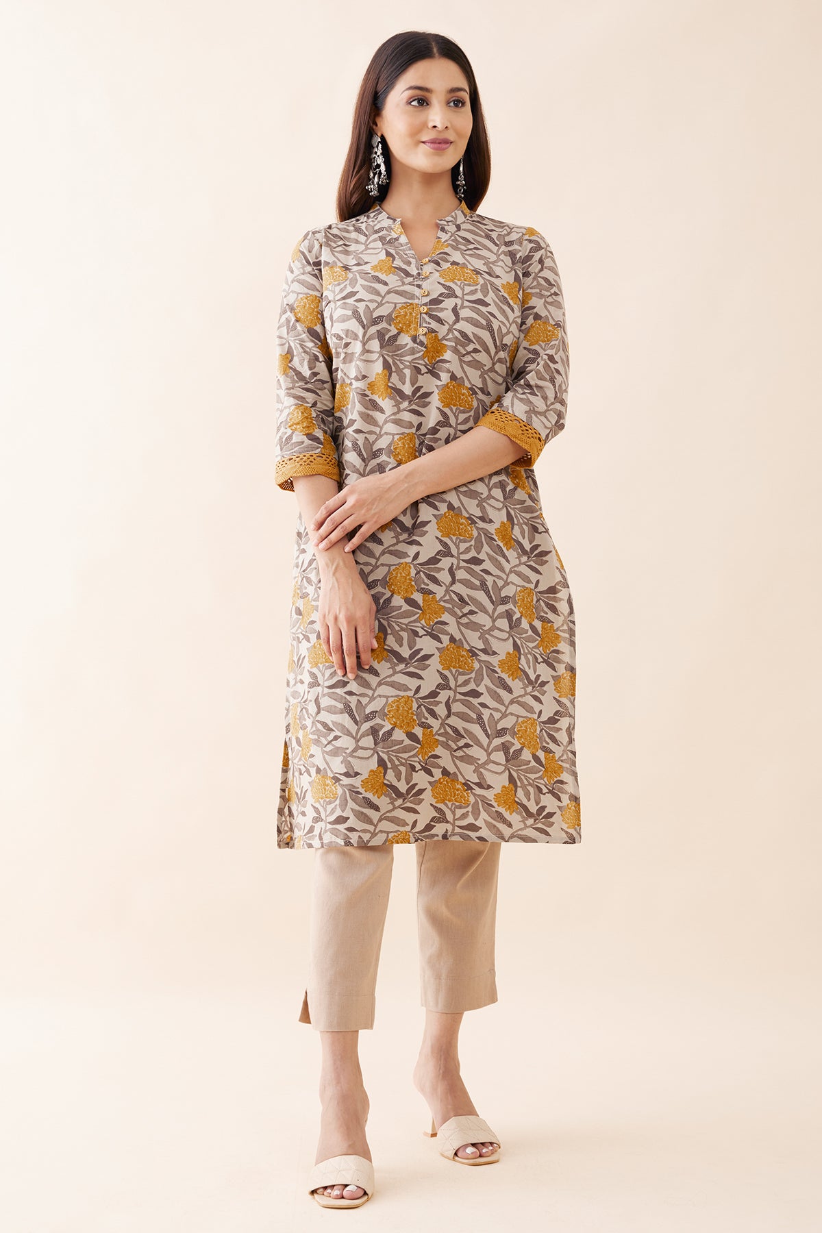 Autumnal Floral Printed Kurta - Grey