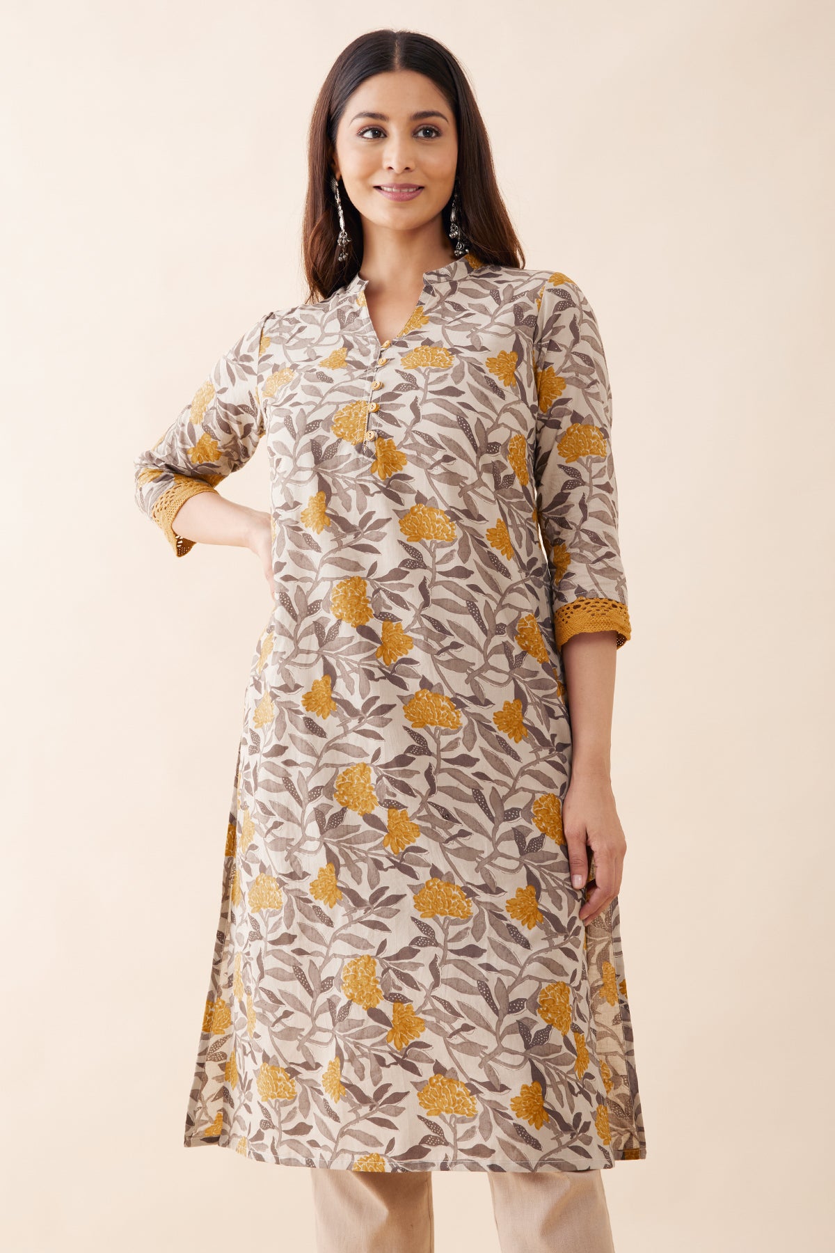 Autumnal Floral Printed Kurta - Grey