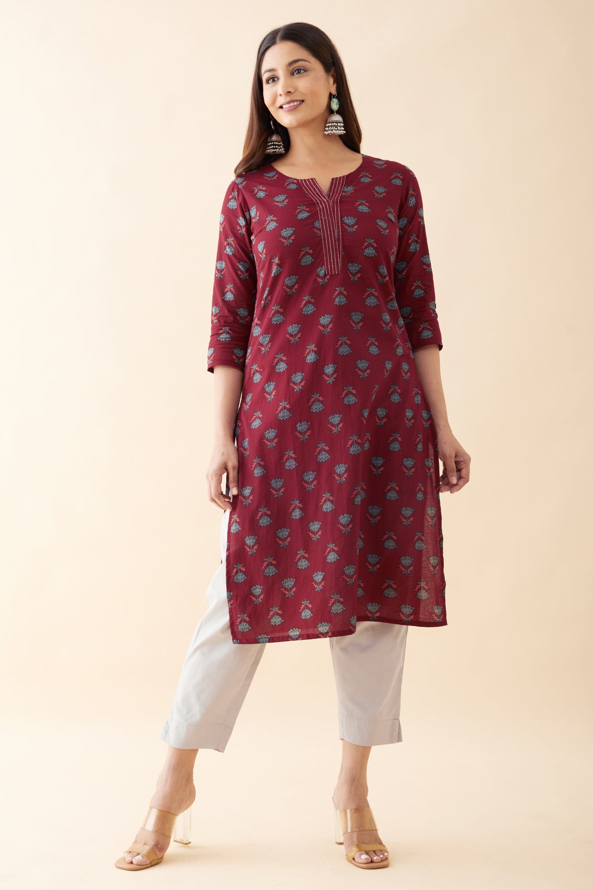 Gardenia Floral Printed Kurta - Maroon