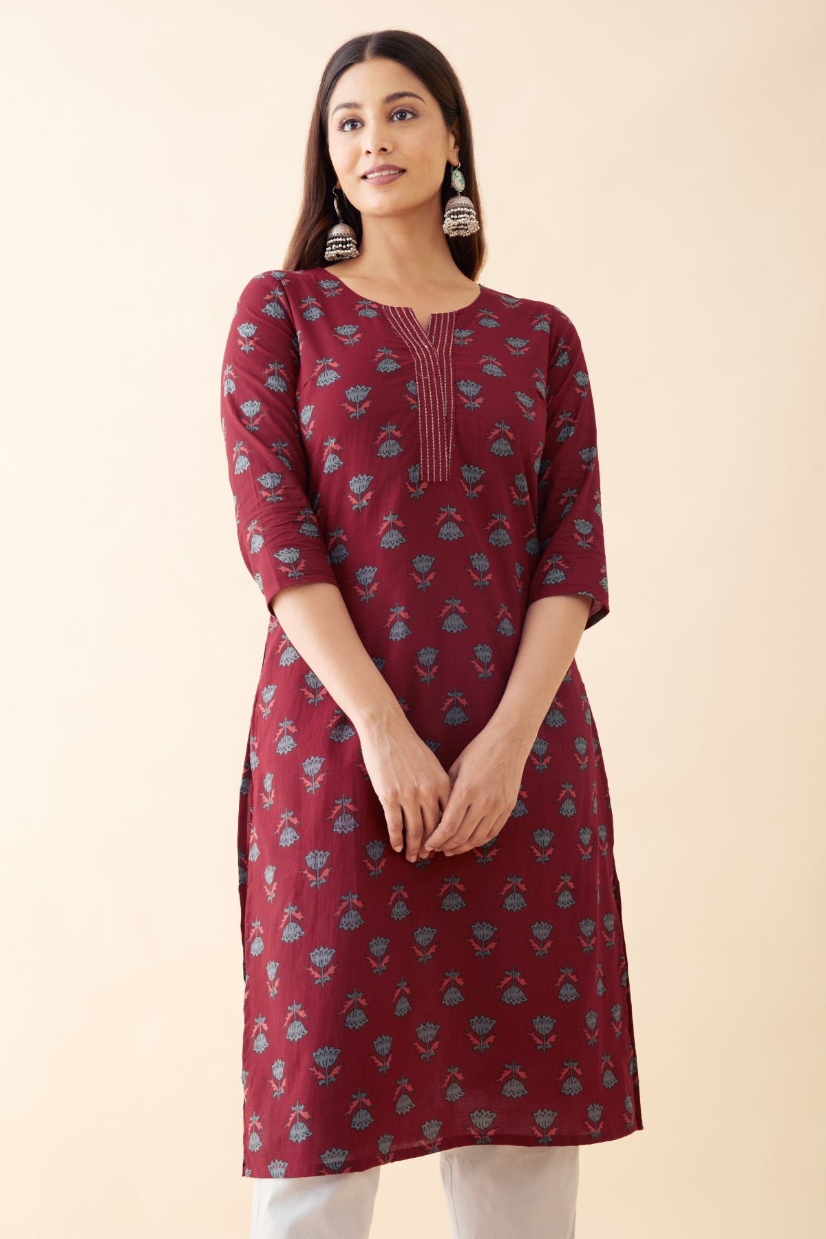 Gardenia Floral Printed Kurta - Maroon