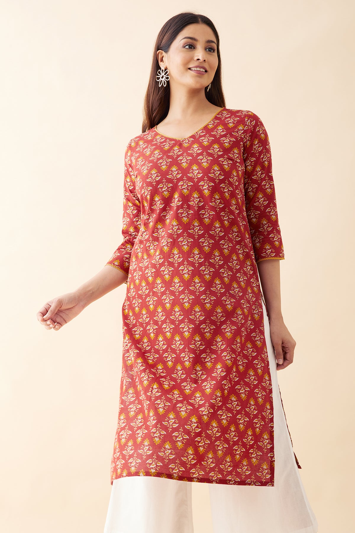 Lace Embellished Floral Printed Kurta - Rust