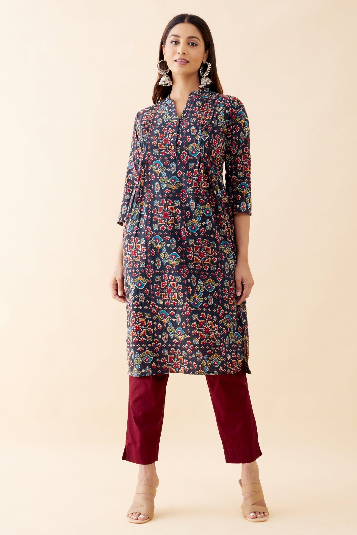 Block Printed Pin Tuck Kurta - Black