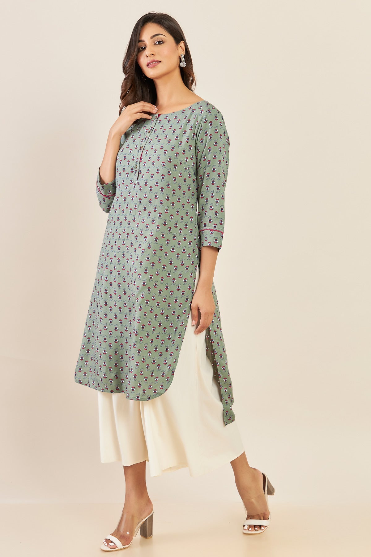 All Over Floral Printed Kurta - Green