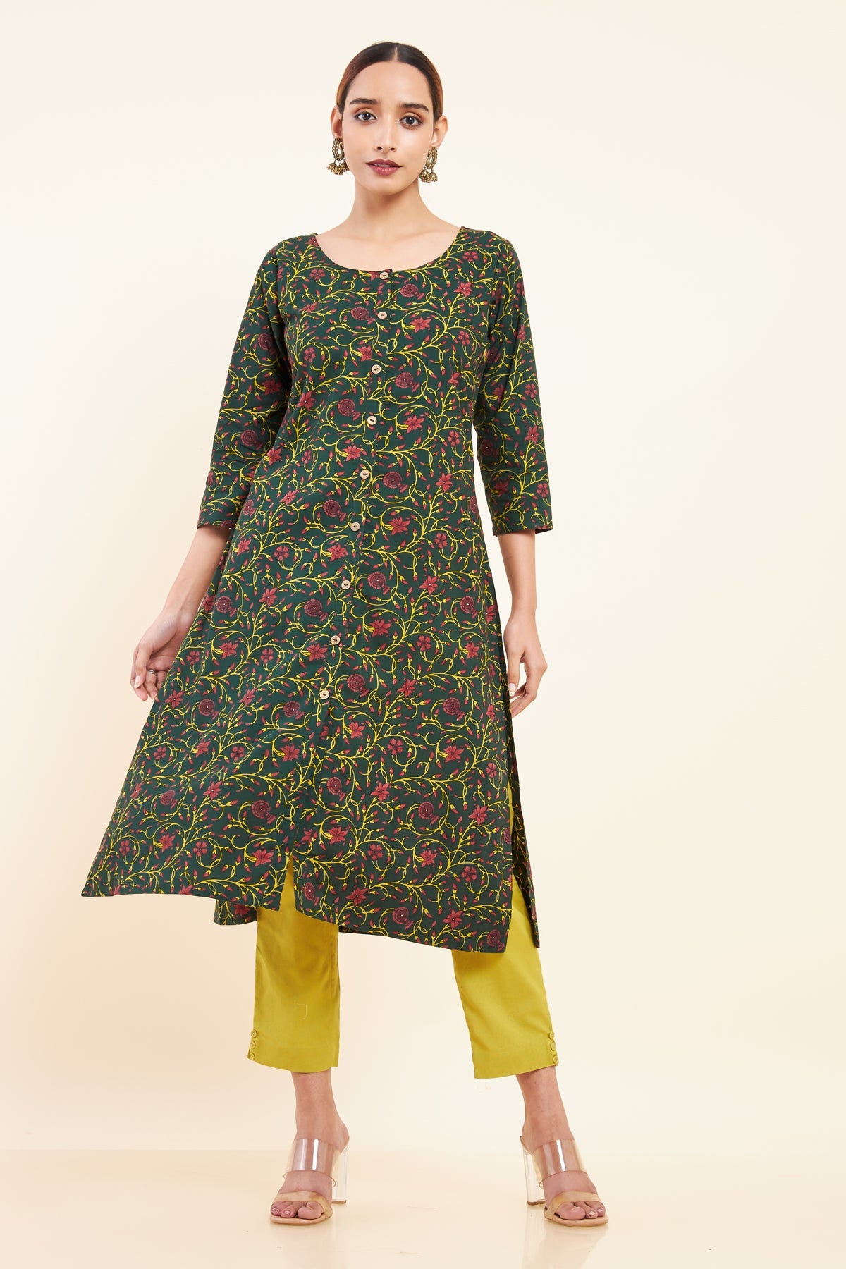 All Over Floral & Scroll Printed Kurta - Green