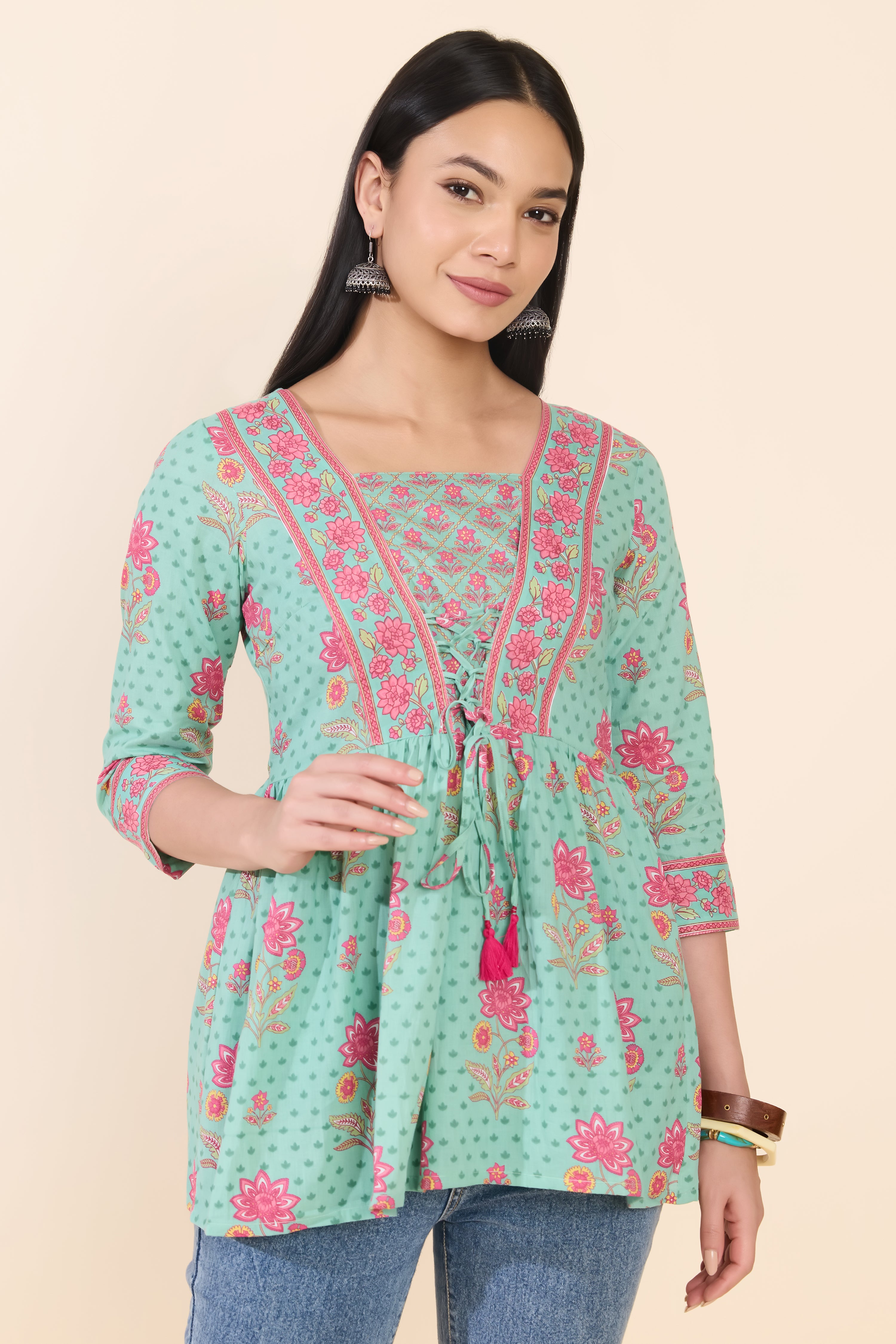 TURQUOISE PINK FLORAL COTTON TUNIC