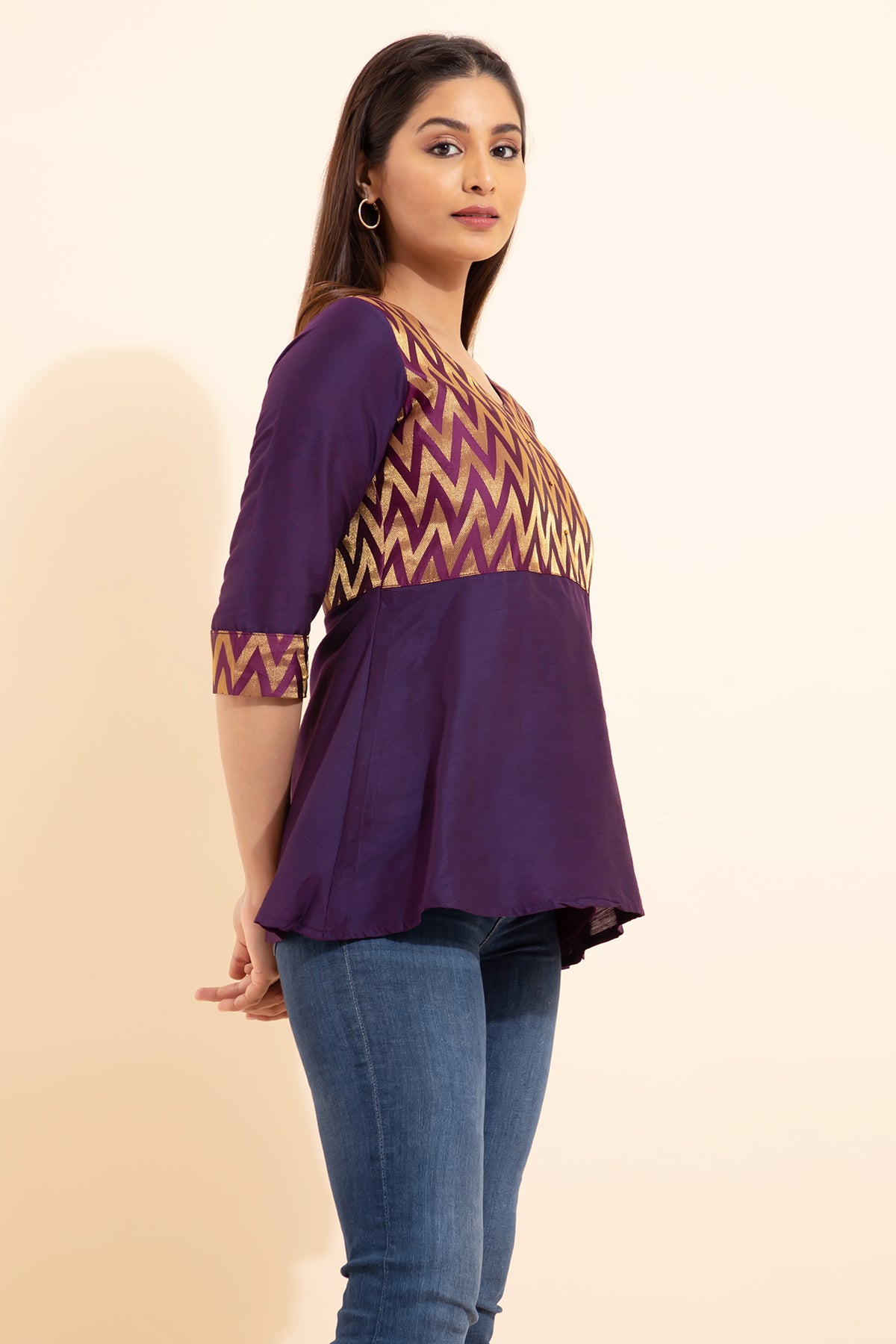 Brocade Yoke Patchwork Tunic - Purple