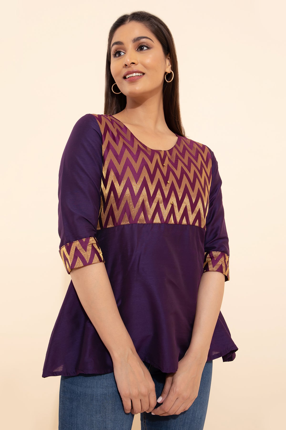 Brocade Yoke Patchwork Tunic - Purple