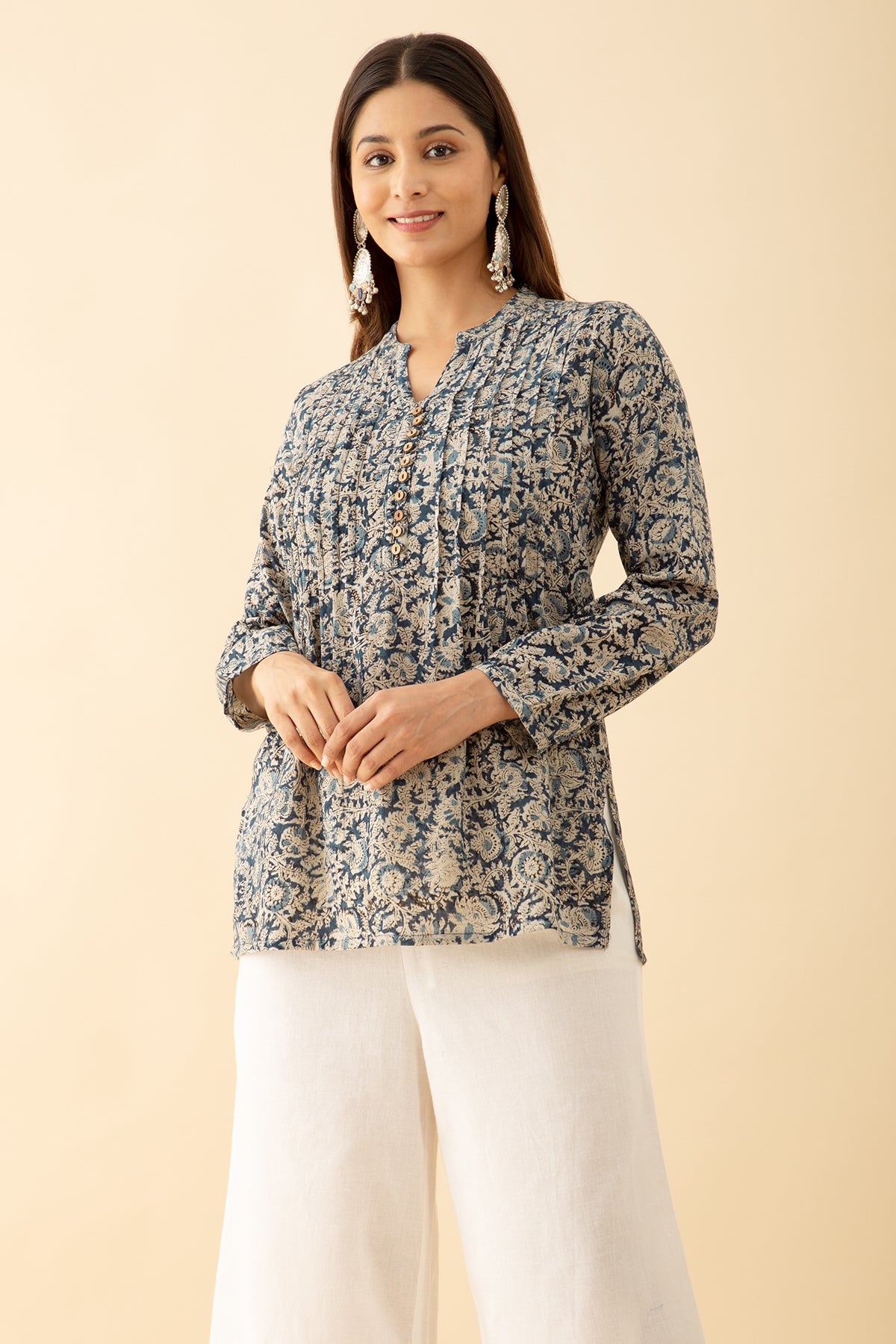 Pin Tuck Kalamkari Tunic - Blue