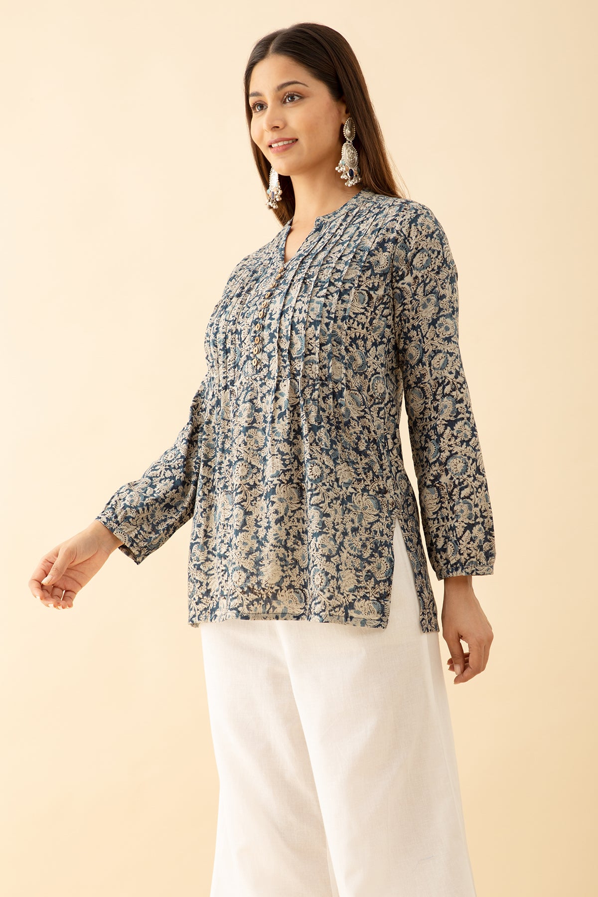 Pin Tuck Kalamkari Tunic - Blue