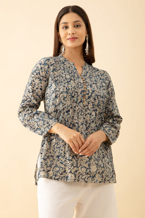 Pin Tuck Kalamkari Tunic - Blue